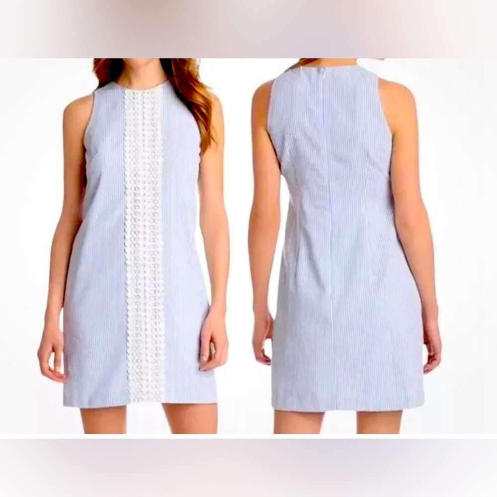 Women’s London Times Blue & White Striped Seersucker Lace Sheath Shift size 4